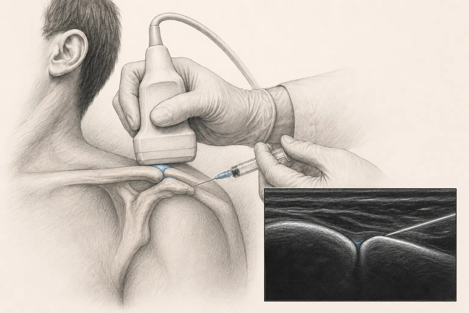 Aiguille placée dans l’interligne acromio-claviculaire sous échographie
