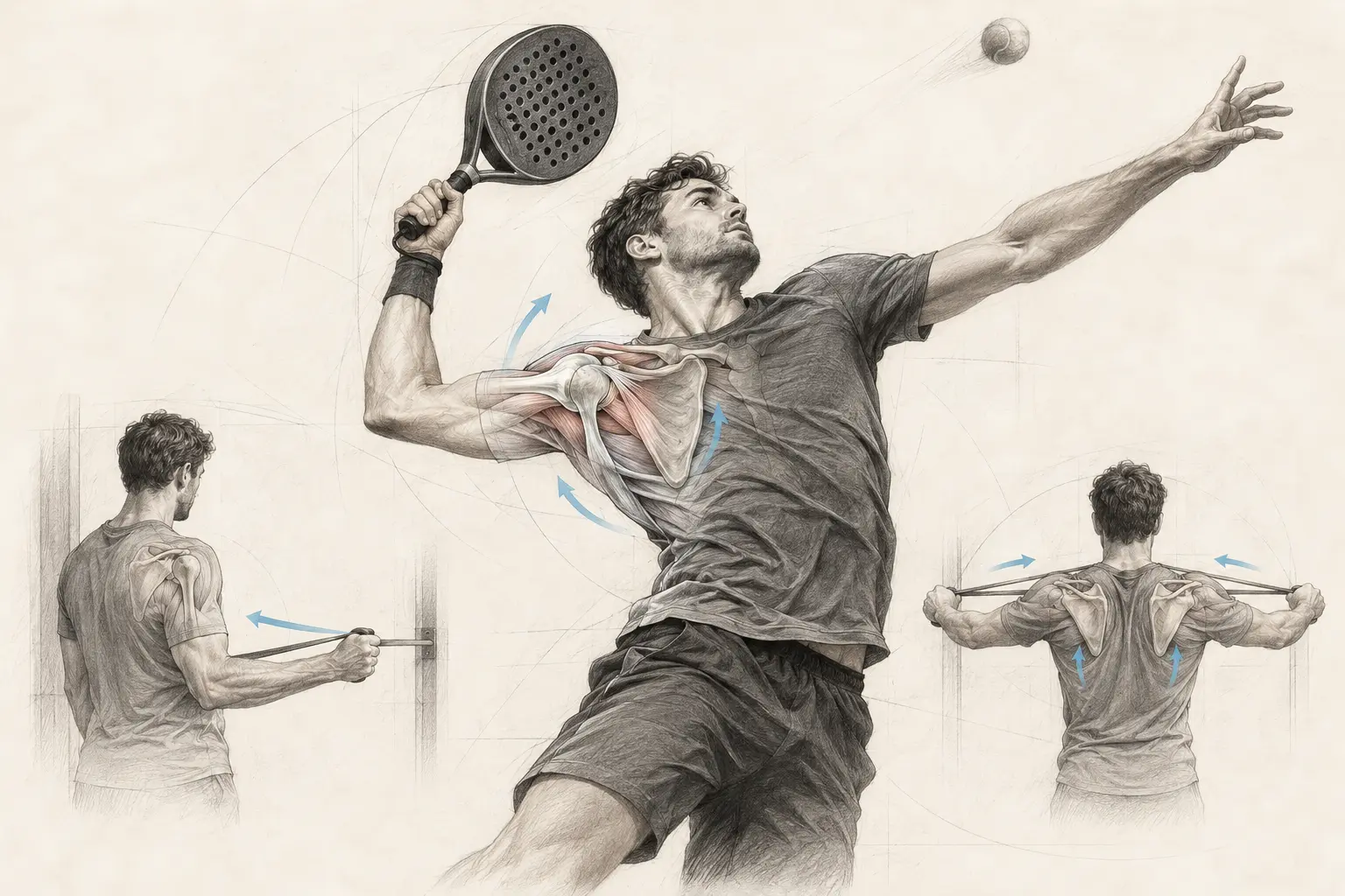 Joueur de padel en smash, échauffement des rotateurs externes et contrôle des omoplates avec élastique