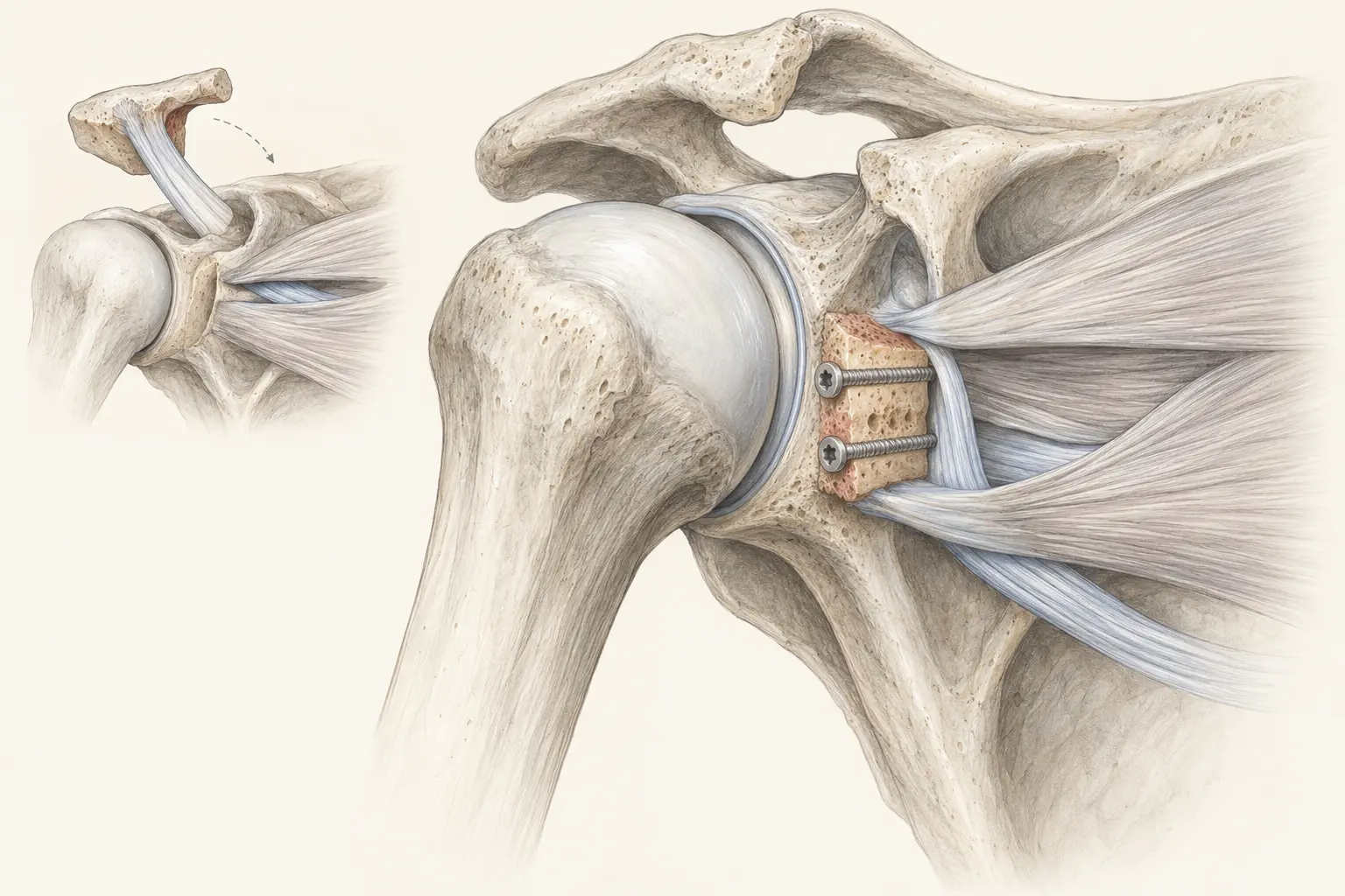 Dessin chirurgical graphite de la butée coracoïdienne de Latarjet fixée par deux vis