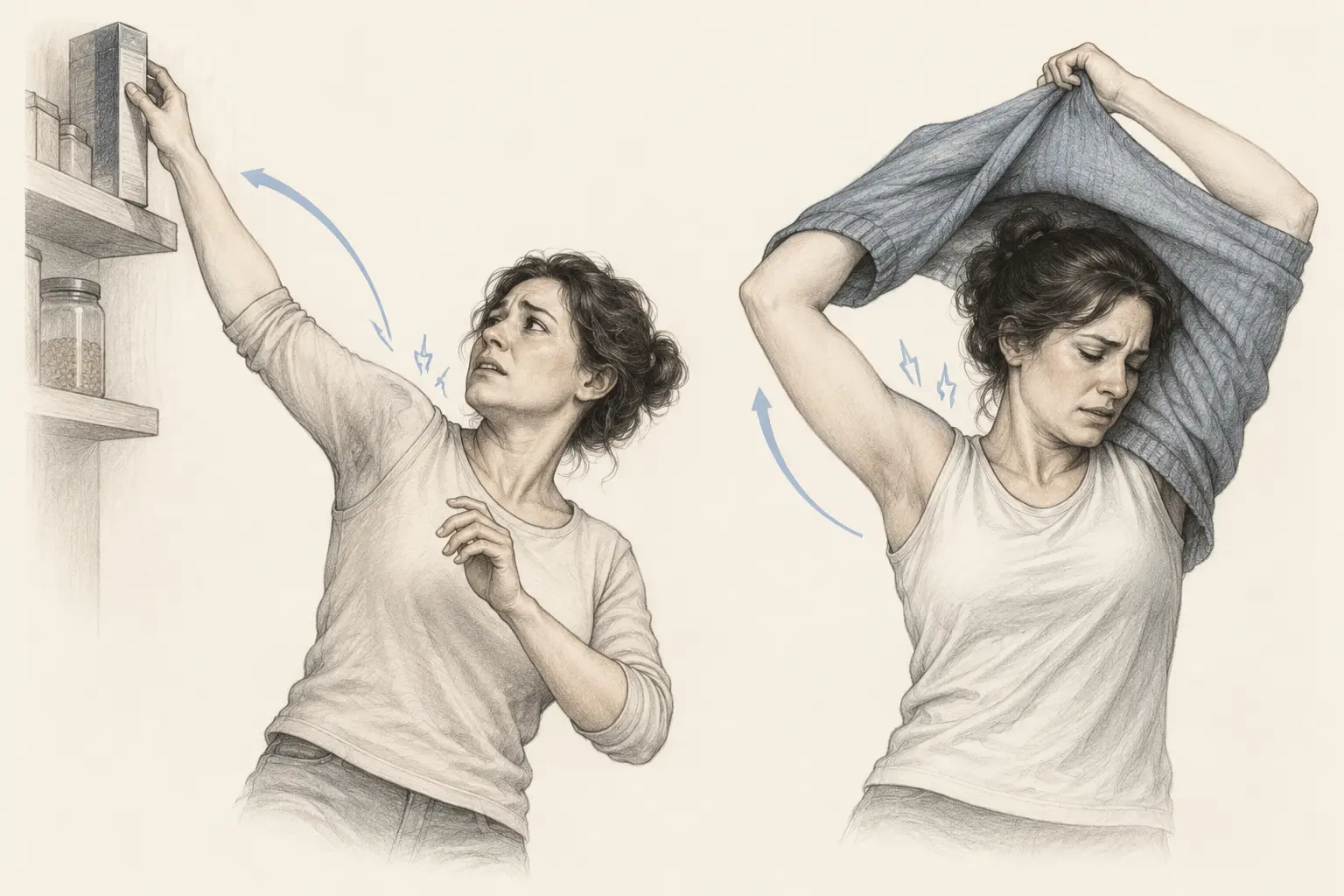 Dessin graphite d’une instabilité d’épaule lors de gestes quotidiens : attraper un paquet en hauteur et enfiler un pull