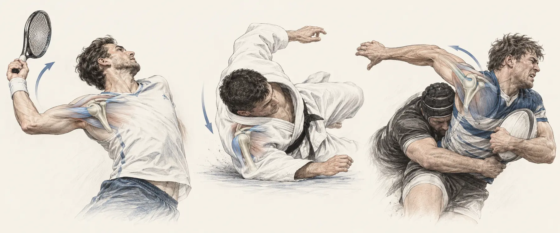 Triptyque graphite des mécanismes de luxation d’épaule au tennis et padel, au judo et au rugby